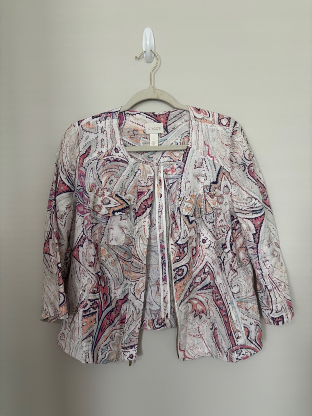 Chico's Pink Paisley Lightweight Linen Jacket Size M - absolutely beautiful!